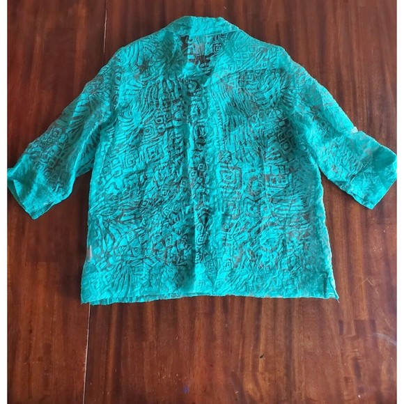 Ruby Rd. Womens Green Lace Blouse Button Down Sheer Top Size 12P 3/4 Sleeves - Picture 7 of 7